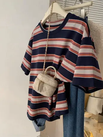 美式复古条纹短袖t恤女2023夏季新款宽松设计感小众休闲半袖上衣商品大图