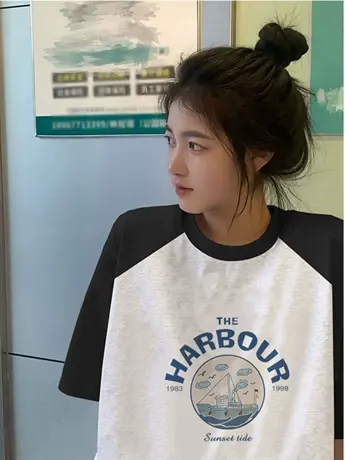 欧货拼接撞色白色仿棉短袖t恤女2023年夏季新款宽松小众设计感潮商品大图