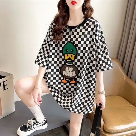 设计感小众短袖t恤女夏季韩版宽松大码中长款下衣失踪格子上衣服图片