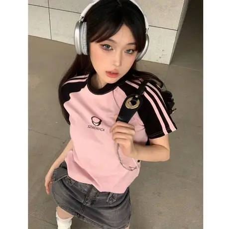 美式复古甜辣妹插肩短袖t恤女夏季设计感小众修身短款正肩上衣服商品大图