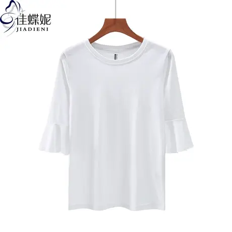 秋季新款韩版圆领荷叶袖纯棉纯色修身中袖体恤上衣内搭女打底衫商品大图