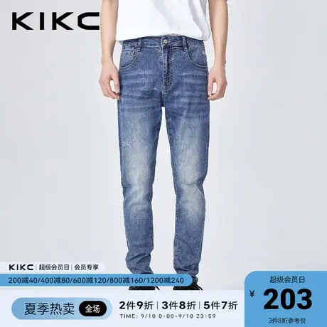 kikc牛仔裤男2023春夏新款商场同款图案印花复古深蓝水洗弹力裤子图片