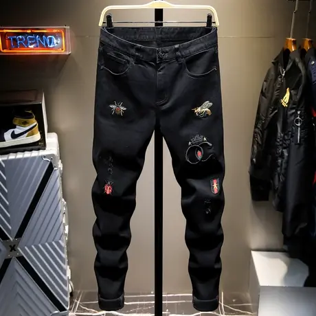 黑色牛仔裤男潮牌春夏季2022新款韩版潮流修身小脚裤夏季长裤子男商品大图