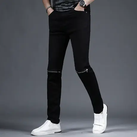潮牌纯黑色牛仔裤男款修身小脚春秋款潮流机车痞帅男士裤子春季商品大图