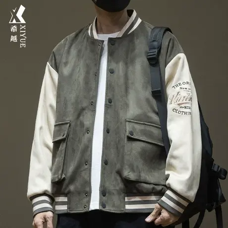 希越条纹棒球服外套男麂皮绒春秋季宽松大码大口袋休闲男士夹克潮图片