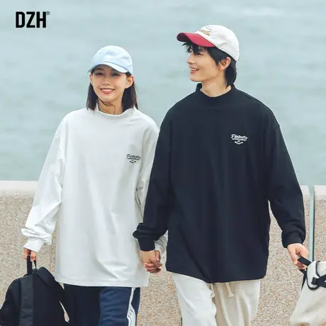 DZH情侣日系德绒长袖t恤男宽松半高领打底衫情侣装秋季2023年新款图片