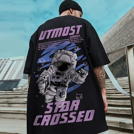 oversize欧美潮牌胖子男装大码国潮嘻哈宽松短袖T恤宇航员半袖潮商品大图