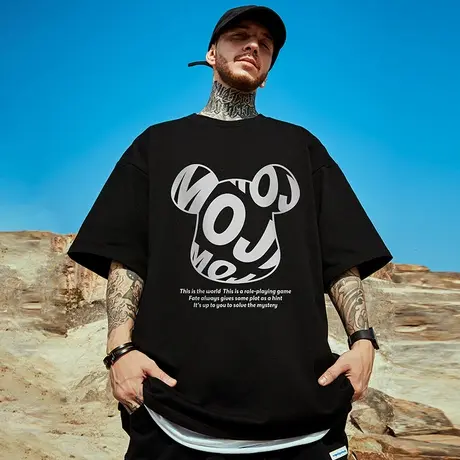 摩严潮牌胖子男装加肥加大大码重磅宽松美式卡通短袖T恤男生半袖商品大图