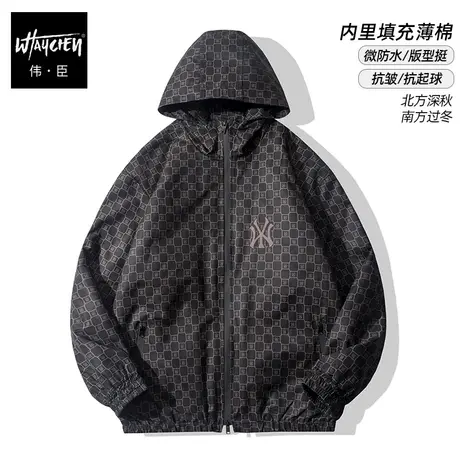 伟臣潮牌大码男装秋冬连帽夹克胖子加肥加大宽松男士外套薄棉服商品大图