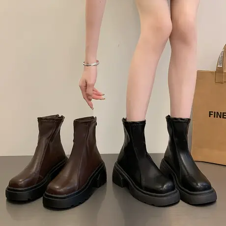 厚底黑色马丁靴女鞋2023年新款秋冬季小个子炸街小众短靴骑士女靴商品大图