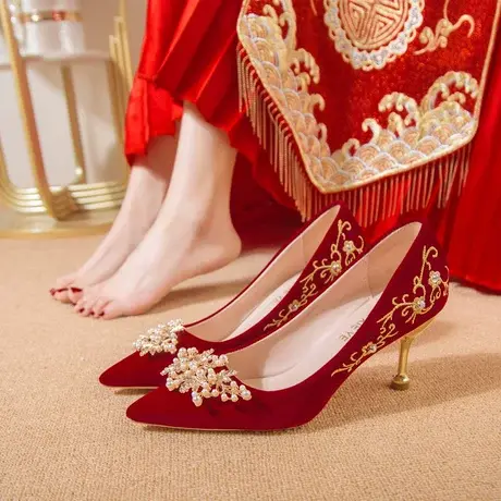 婚鞋新娘鞋2023年新款红色高跟鞋女中式秀禾婚纱两穿结婚鞋不累脚图片