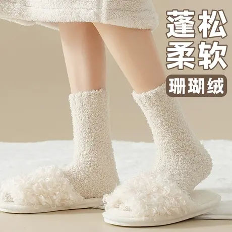 中筒袜子女秋冬加厚加绒毛巾地板袜珊瑚绒保暖居家睡眠月子袜长桶商品大图