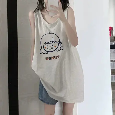 美式复古纯棉吊带坎肩背心无袖t恤女夏季外穿篮球服宽松挂脖上衣商品大图