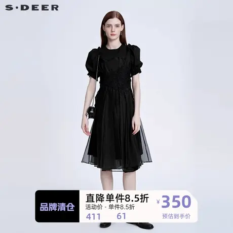 sdeer圣迪奥女装圆领绣花网纱拼接泡泡袖连衣裙S22281218图片