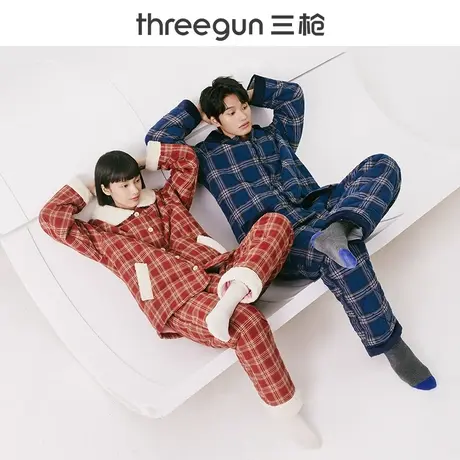 三枪冬季睡衣男女两件套纯棉家居服绒布格子加绒加厚秋冬家居套商品大图