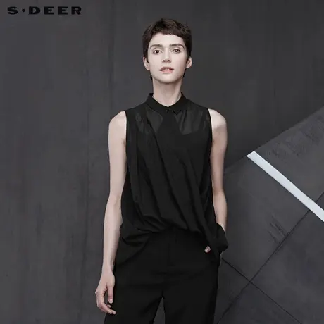 sdeer圣迪奥女装轻薄素黑翻领不规则裁剪无袖衬衫S19280604商品大图