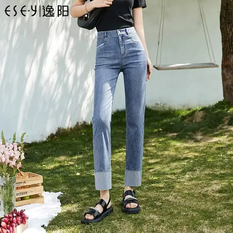 逸阳薄款翻边直筒牛仔裤女2023年夏季新款显瘦烟管法棍裤子0124商品大图