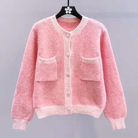 小香风粉色毛衣外套女秋冬2023新款宽松慵懒风高级感减龄针织开衫商品大图