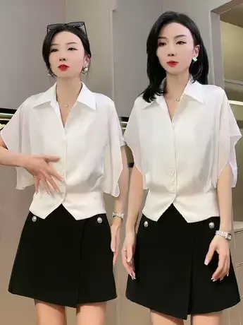 夏季时尚设计感短袖衬衫上衣女装2023新款POLO领拼接休闲短袖小衫商品大图