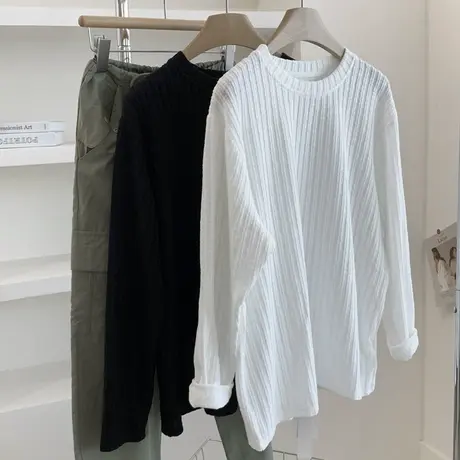 韩范竖纹理白色圆领长袖t恤女宽松显瘦时髦复古内搭针织衫上衣秋商品大图