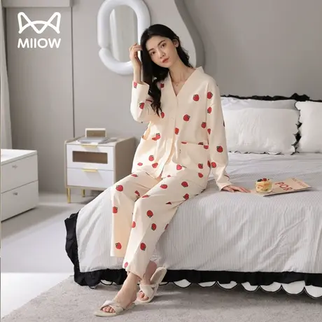 猫人睡衣女春秋纯棉V领长袖长裤可外穿高级感冬季可爱家居服套装商品大图