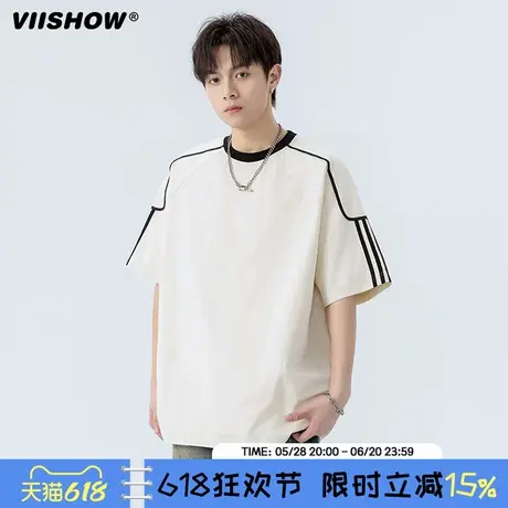 VIISHOW圆领凉感短袖T恤男款2025年夏季潮牌宽松休闲条纹半袖体恤商品大图