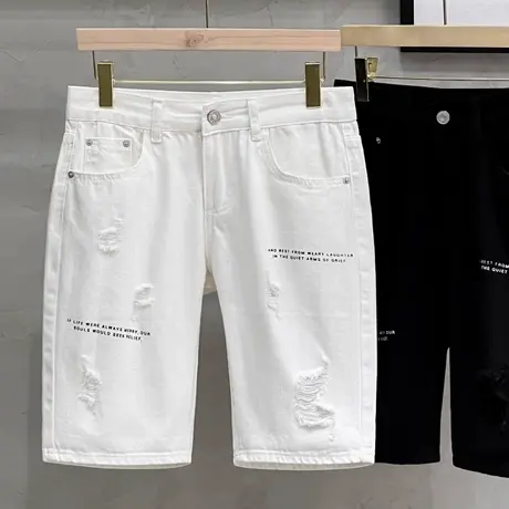 破洞短裤男夏季薄款潮牌男士中裤潮流外穿纯棉牛仔裤男五分裤直筒商品大图