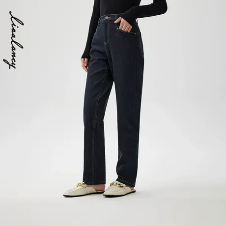 LANCY/朗姿2024春季新款藏蓝色高腰显瘦宽松百搭牛仔裤女士高级感图片