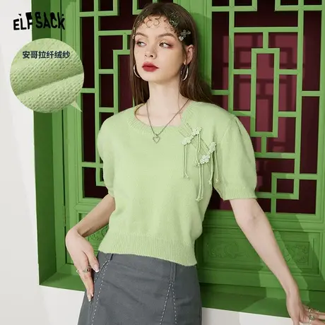 妖精的口袋绿色泡泡袖短款针织衫女2023夏新款修身显瘦新中式上衣图片