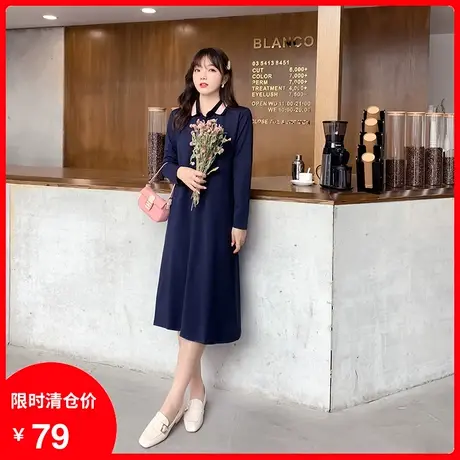 2020秋装新款大码女装长袖polo领宽松遮肚子显瘦针织胖MM连衣裙图片