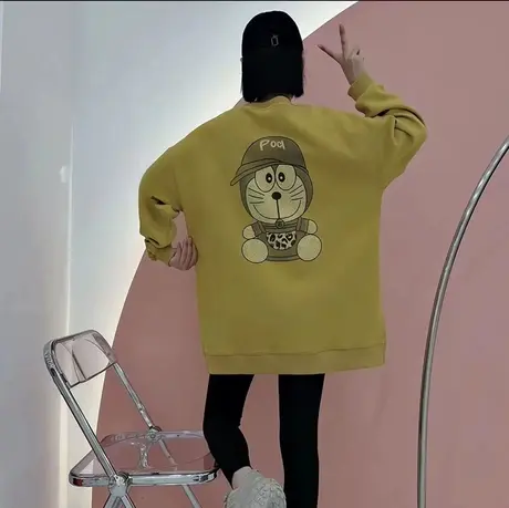 ins字母卡通印花加绒卫衣2023秋季新款大版显瘦中长款打底衫上衣商品大图