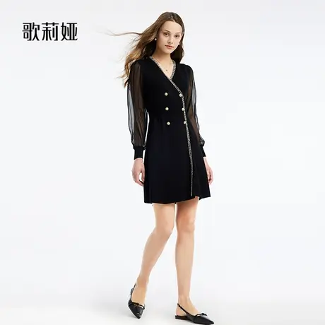 歌莉娅秋季新款女装古着vintage裙小黑裙V领长袖连衣裙108C4G1V0图片