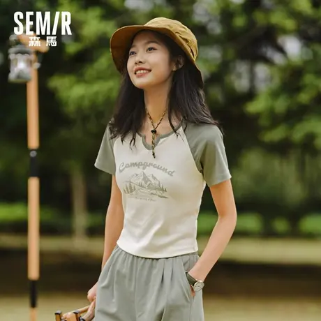 森马短袖T恤女短款设计感印花2024夏季新款插肩袖紧身套头衫山系图片