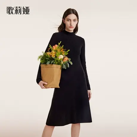 歌莉娅羊绒连衣裙女2023冬季新款气质通勤长袖小黑裙子1BDC4G240商品大图