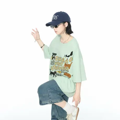 YEP美式复古卡通印花短袖宽松t恤女2025夏季新款oversize半袖上衣商品大图