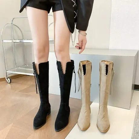 法式长筒靴女夏季2023新款尖头显瘦小众设计感粗跟v口不过膝靴子图片