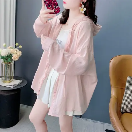 韩系木耳边纯色长袖连帽防晒衬衫女夏季2025新款宽松薄款外套上衣图片