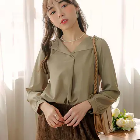 桔熊春秋季通勤翻领微光泽长袖衬衫宽松套头上衣女装大码AB16344商品大图