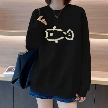 黑色小鱼圆领卫衣女美式2025新款秋季宽松oversize加绒加厚上衣潮商品大图