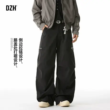 男士宽松阔腿裤男秋季休闲裤裤子美式高街伞兵裤黑色工装裤弯刀裤商品大图