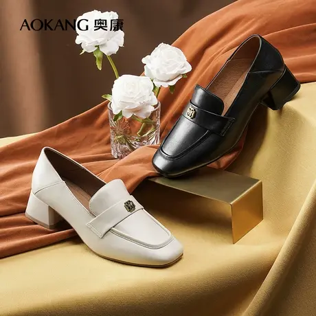 【门店发货】奥康女鞋 春新款气质优雅真皮通勤粗跟乐福鞋商品大图