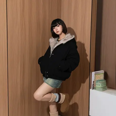 连帽大毛领棉服女冬季黑色棉袄2025新款设计感秋冬夹棉外套潮牌图片