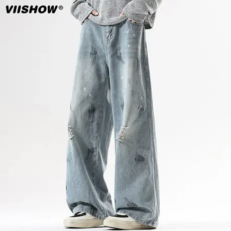 VIISHOW2025秋美式高街涂鸦破洞牛仔裤男直筒裤百搭宽松阔腿裤潮商品大图