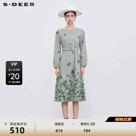 sdeer圣迪奥女装圆领收腰印花灯笼袖毛呢连衣裙S23481201图片
