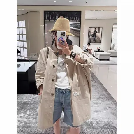 爵莱菲大码胖mm高密40支精梳长绒棉宽松H型中长款翻领风衣女图片