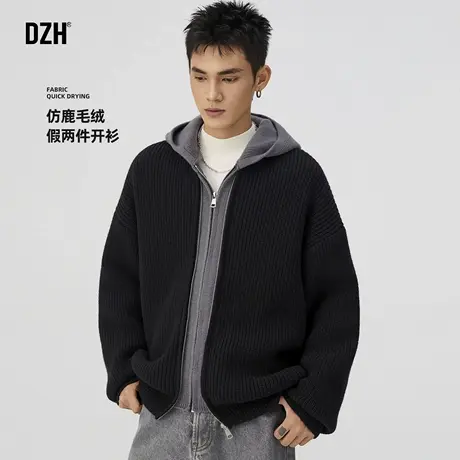 青少年连帽假两件针织衫毛衣开衫外套男秋季2025新款拼接上衣毛衫商品大图
