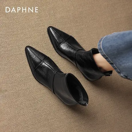 达芙妮尖头短靴子2025新款秋冬黑色粗跟瘦瘦靴气质法式高跟靴通勤图片