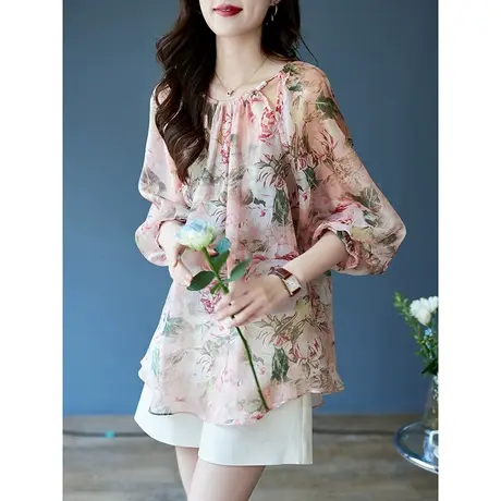 宝诗黎圆领灯笼袖宽松雪纺衫女2023夏季新款时尚长袖碎花天丝上衣商品大图