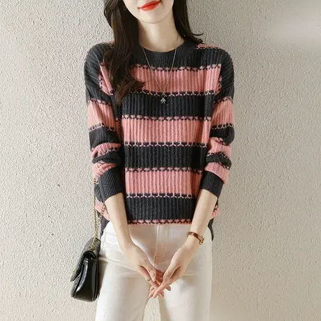 圆领套头针织衫女秋冬2023新款小众设计感条纹毛衣打底衫宽松上衣商品大图