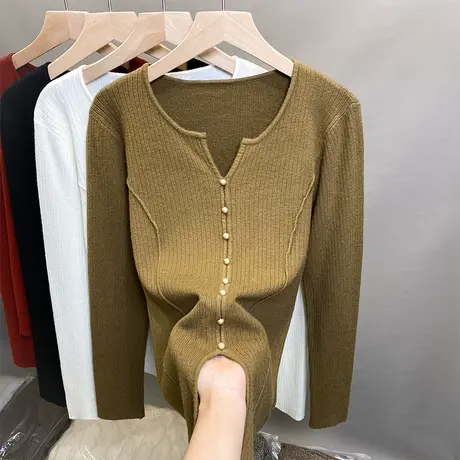 剪刀领毛衣女套头2023秋冬新款外穿针织衫内搭上衣洋气修身打底衫图片